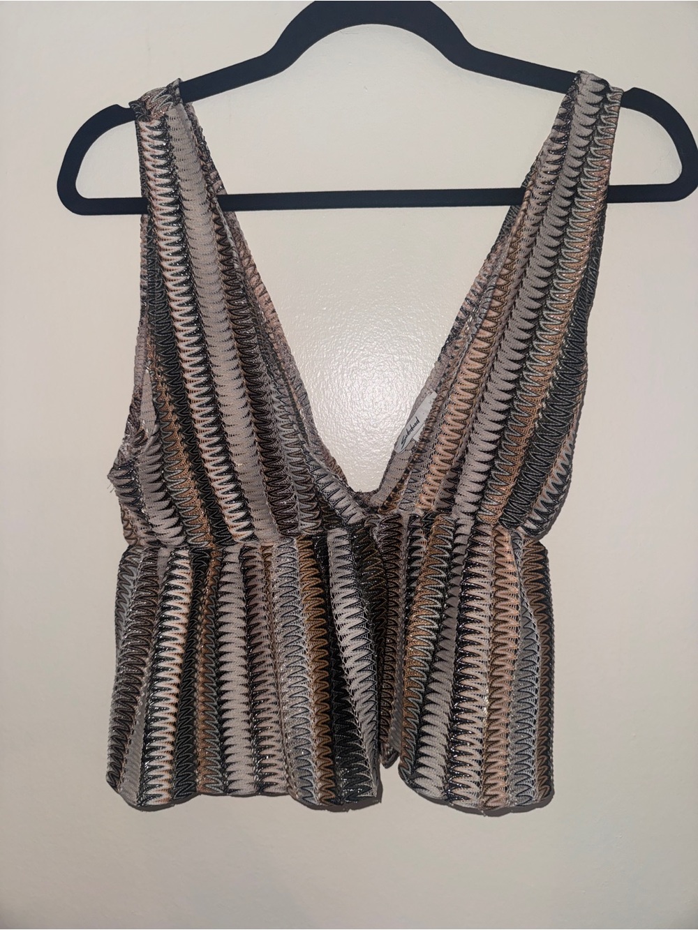 Striped V-Neck Peplum Tank Top - Black, Tan & Cream